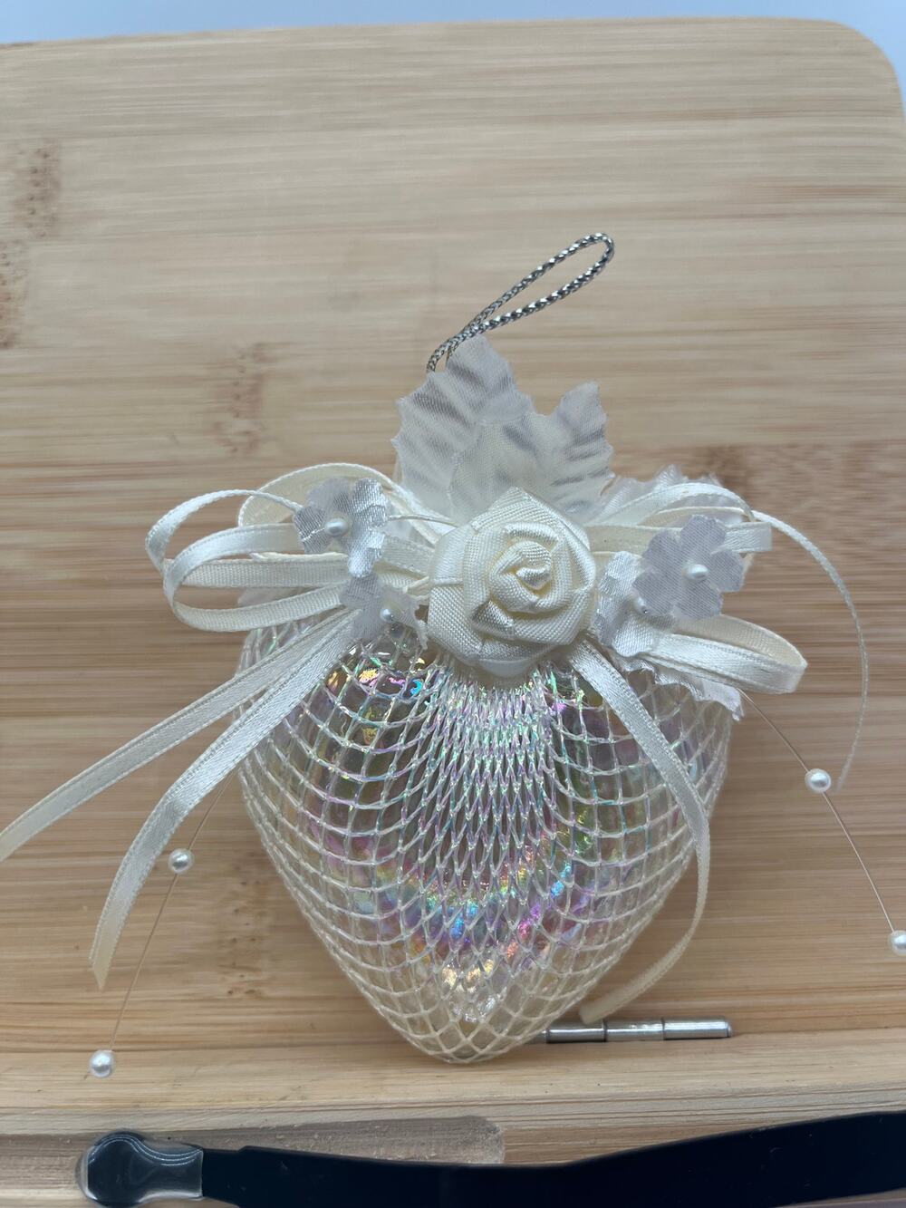 Vintage Ribbon Satin Rose & Pearls Iridescent Heart Christmas Tree Ornament
